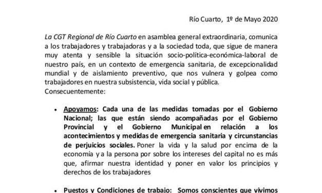 La CGT Río Cuarto respaldó “Poner la vida y la salud por encima de la economía”