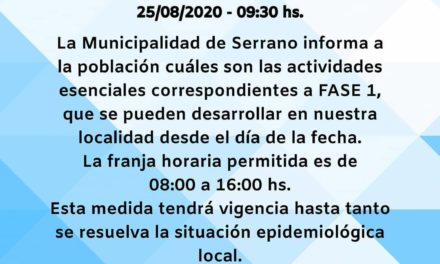 Serrano vuelve a fase 1 de Aislamiento Social, Preventivo y Obligatorio